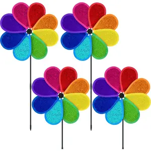4 PCS 11.4" W x 28" H Reflective Pinwheels Sparkly Lawn Wind Spinners Colorful Rainbow Windmill for Garden Decoration Bird Devices Deterrent to Scare Birds Away(Multicolor)7