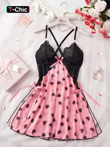 Women's Heart Print Cami Nightdress, Soft Comfortable Sexy Nightgown for Women, Strap Chemise Nightgown, Women's Sleepwear & Loungewear for All Seasons, Womenswear