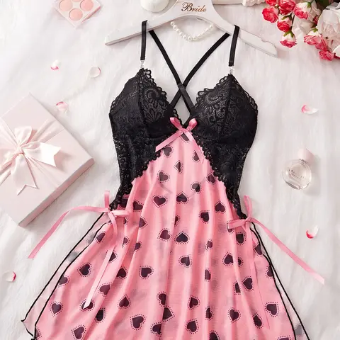 Women's Heart Print Spaghetti Cami Nightdress, Soft Comfortable Sexy Nightgown for Women, Strap Chemise Nightgown, Women's Sleepwear & Loungewear for All Seasons, Womenswear