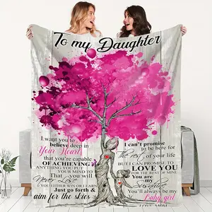 To My Daughter Gift from Mom Soft Cozy Flannel Blanket Inspirational Love Quote Pink Tree Print Plush Throw Warm Fuzzy Bedroom Sofa Blanket Perfect Gift for Daughter Birthday Graduation Holiday Home Decor, Decorative Giftable Blankets, Flannel Fleece Blan