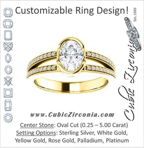 Cubic Zirconia Engagement Ring- The Monami (Customizable Bezel Oval Cut with Split-pavé Band Accents & Euro Shank)
