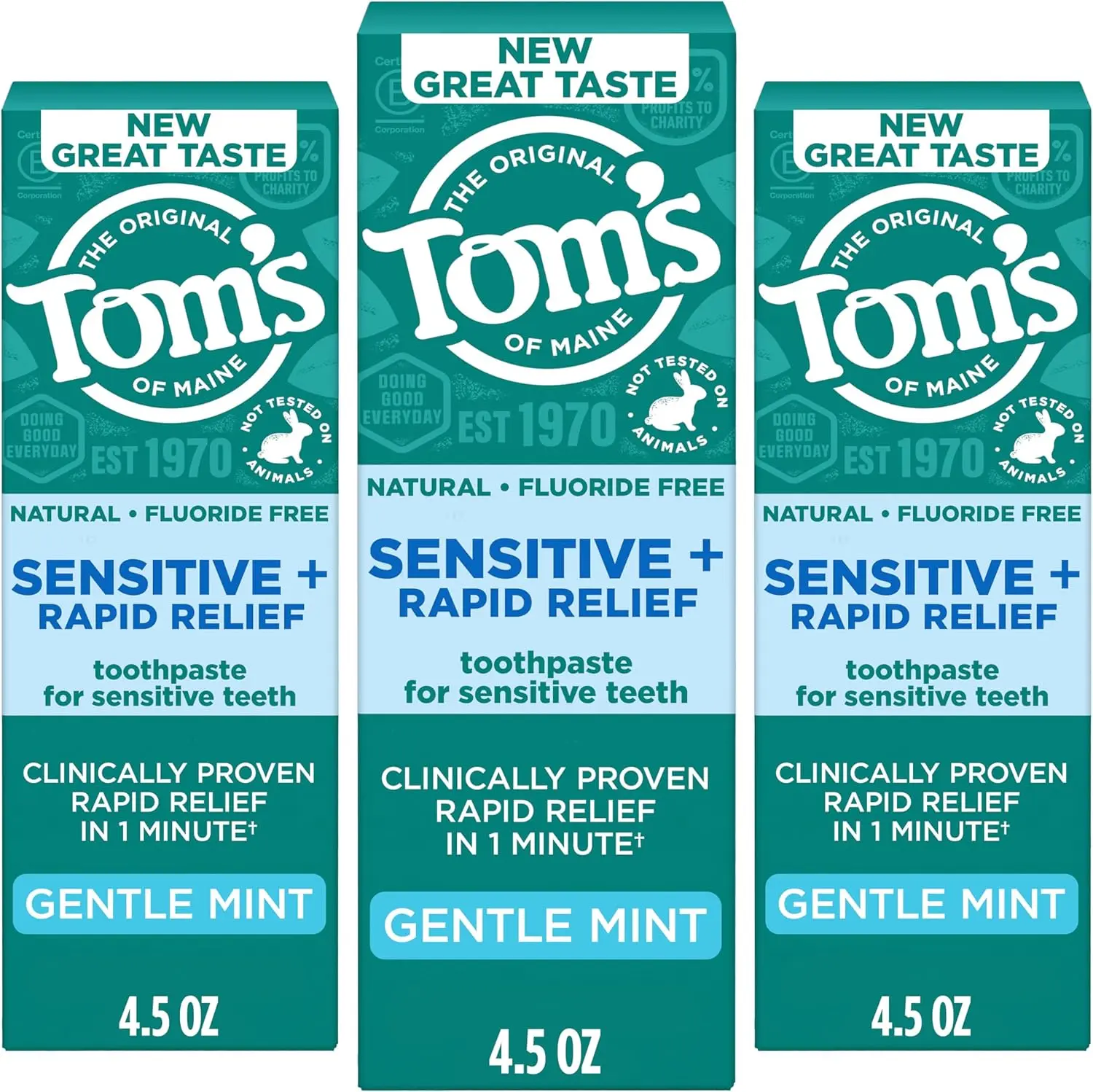 Tom's of Maine Rapid Relief and Sensitive Toothpaste, Mint, 3 Pack, 4.5 oz | Fluoride Free, Protects from Hot or Cold Food and Drinks, Clinically Proven Rapid Relief in 1 Minute, Seals Exposed Nerves