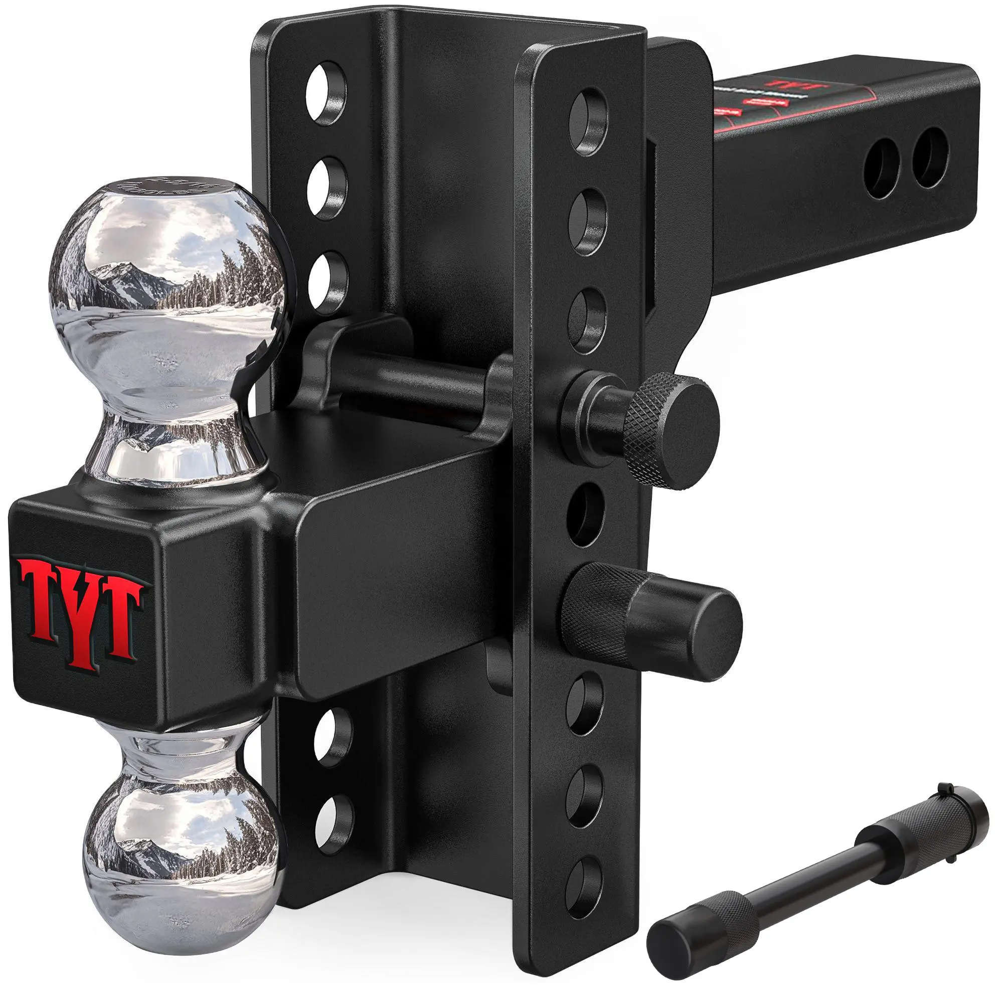 TYT Adjustable Truck Trailer Hitch for 2.5 inch Receiver, 6" Drop/Rise Tow Hitch with Dual Balls (2" & 2-5/16"), 20,000 lbs GTW, 2,200 lbs Tongue Weight, Includes Two Pin Locks & Hitch Tightener