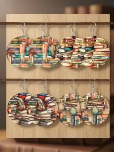 Women's Fashion Round Dangle Earrings Set, Vintage College Style Book Stack & Globe Print Wood Earrings, Daily Campus Jewelry Gift