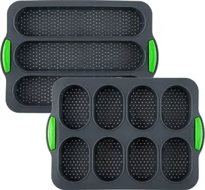 Set of 2 Nonstick Silicone Baguette Pans - 8 Gutter Perforated Baking Trays, 3-Wave Oven Safe Long Loaf Molds for French Bread, Hamburger Buns, Sandwich Rolls & Toast