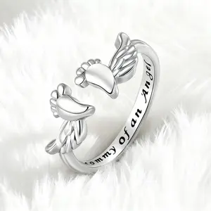 Elegant Adjustable Letter & Wing Design Cuff Ring,Fashionable Jewelry for Women,Personalized Angel Ring, Engraved Ring