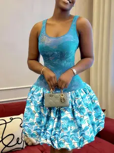Women's Sexy Mesh Patchwork Floral Print Bubble Skirt Mini Dress - Sleeveless A-Line Puff Hem Streetwear Fashion For Summer Party & Night Out