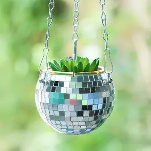 Hanging Disco Ball Planter Pot, Silver Color Mirror Ball Planter with Chain, Bohemian Hanging Plant Holder for Indoor Outdoor Plants, Hanging Planters