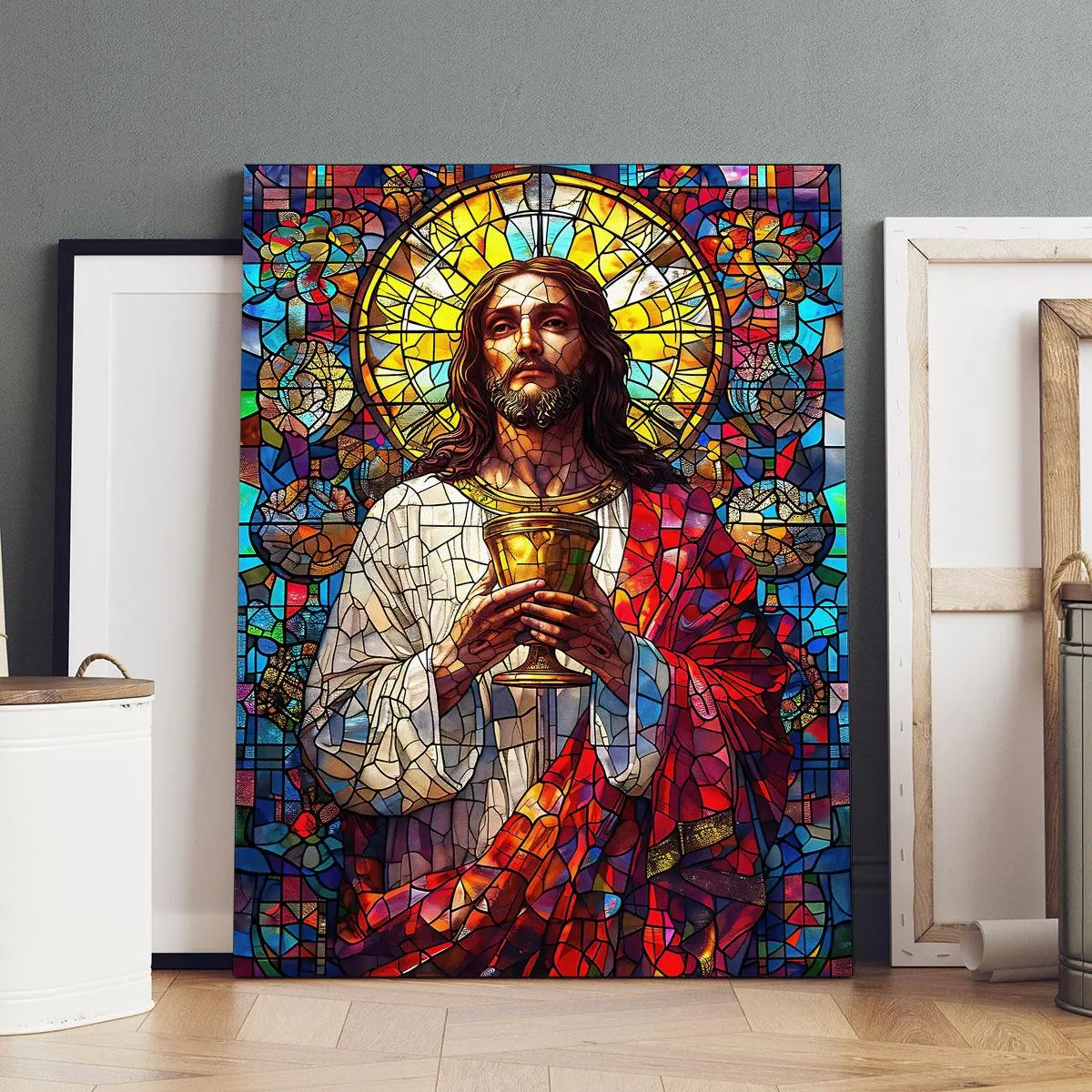 Jesus Stained Glass Icon Pattern Unframed Wooden Painting, Modern Art Religious Poster, Wall Art Decor Religious Decoration for Home Living Room Bedroom Office, Ornaments, Gift
