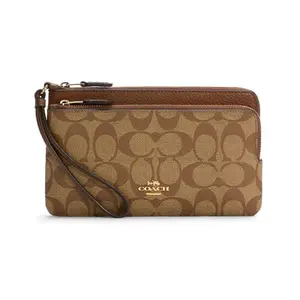 COACH Double Zip Wallet for Women – Saddle Brown Leather Handbag