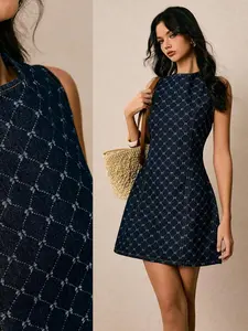 New Women's Denim Dress Sleeveless Waist A-Line Dress Short Dress Jacquard Dress Dark Blue Autumn Clothing Going Out Clothing Casual Office Clothing Music Festival Clothing Y2K Clothing Back To School Clothing Pattern Dress Dark Blue Dresses Textured Dres