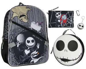 Disney Nightmare Before Christmas Jack Skellington 5 Pc Backpack Set With Lunch Box Pencil Case Carabiner And Keychain 16"