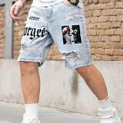 Men's Ripped Light Wash Denim Jean Shorts with Angel & Portrait Print, Streetwear Style, Trendy Casual Loose Fit, Comfortable for Daily Wear, Street Clothes