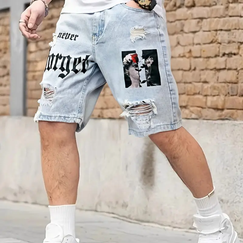 Men's Ripped Light Wash Denim Jean Shorts with Angel & Portrait Print, Streetwear Style, Trendy Casual Loose Fit, Comfortable for Daily Wear, Street Clothes