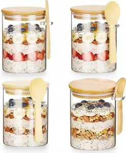 16oz Airtight Wide Mouth Glass Overnight Oats Jars (Set of 4) with Bamboo Lids, Leakproof Home Storage Containers for Meal Prep, Yogurt Parfaits, Food Organization