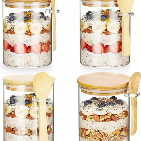 16oz Airtight Wide-Mouth Glass Overnight Oats Jars (Set of 4) with Bamboo Lids - Leakproof Reusable Meal Prep Containers, Wide-Mouth Ease, Portable, Portion Control Kitchen Home Organizers, Food-Safe Glass Body Lidded Container Lid Storage Bottles & Jars
