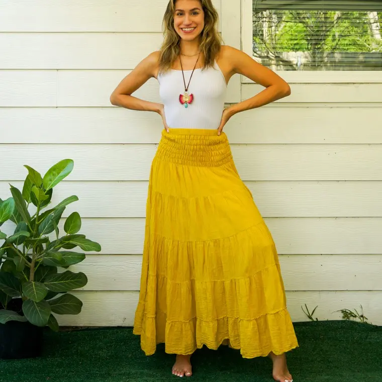 Raw Natural Crinkled Cotton Gauze Tiered Maxi Boho Hippie Skirt