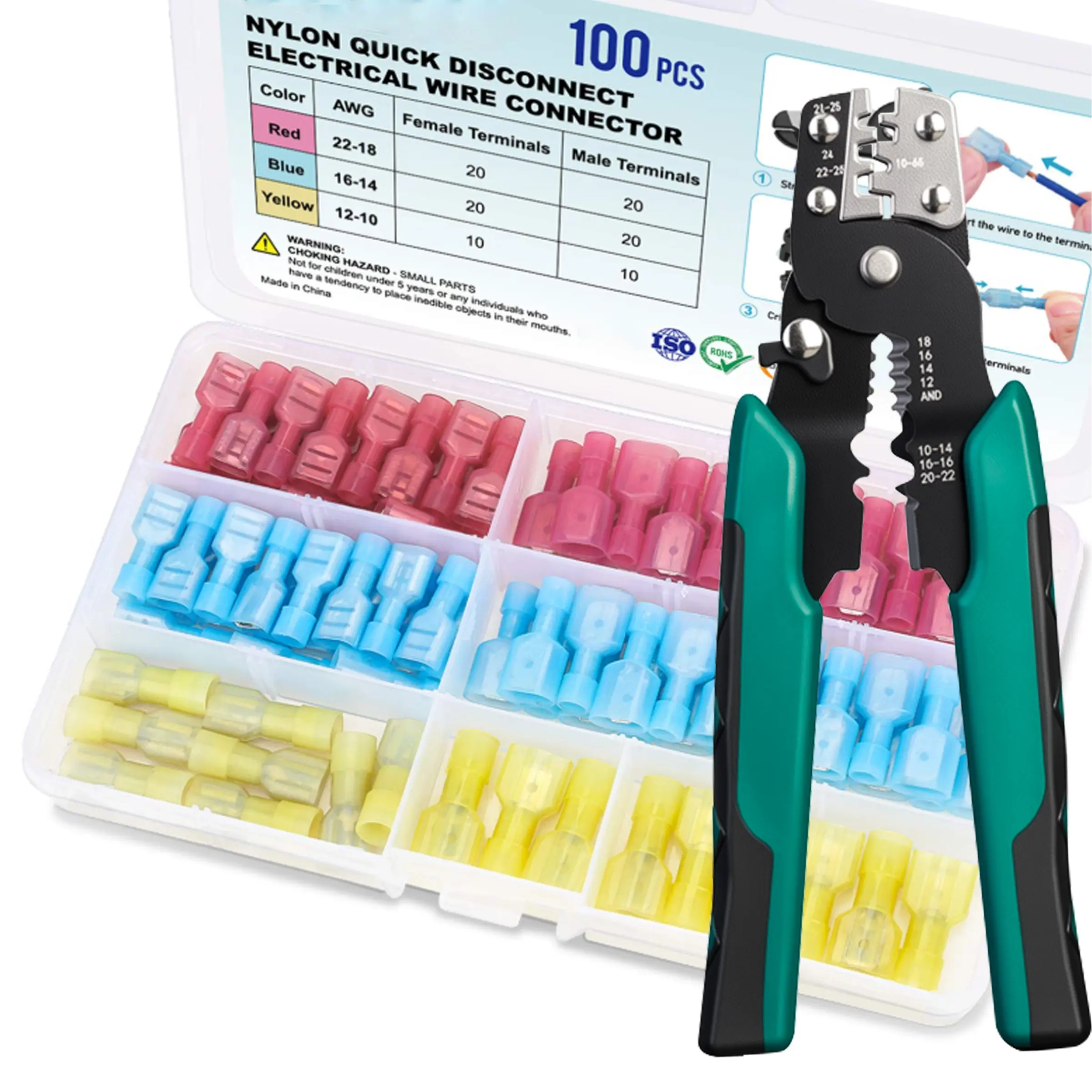 100 Piece Nylon Quick Disconnect Connector+Crimping pliers Kit, Electrical Insulation Terminals, Male Female Blade Wire Crimp Terminal Set, Solderless Crimp Connectors
