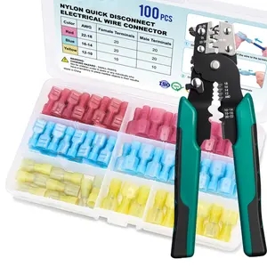 100 Piece Nylon Quick Disconnect Connector+Crimping pliers Kit, Electrical Insulation Terminals, Male Female Blade Wire Crimp Terminal Set