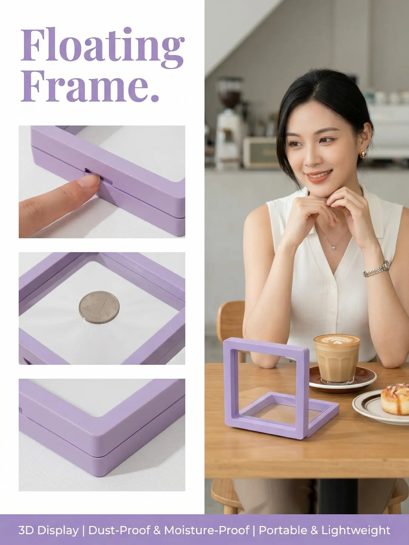 5-Pack (9cm×9cm) 3D Light Purple Floating Display Cases, Dustproof Jewelry Packaging, Jewelry Holder Organizer, Transparent Hanging Storage Boxes with Elastic Membrane, for Necklaces, Bracelets, Rings, Coins, Earrings & Brooches, Suitable as Gift Boxes