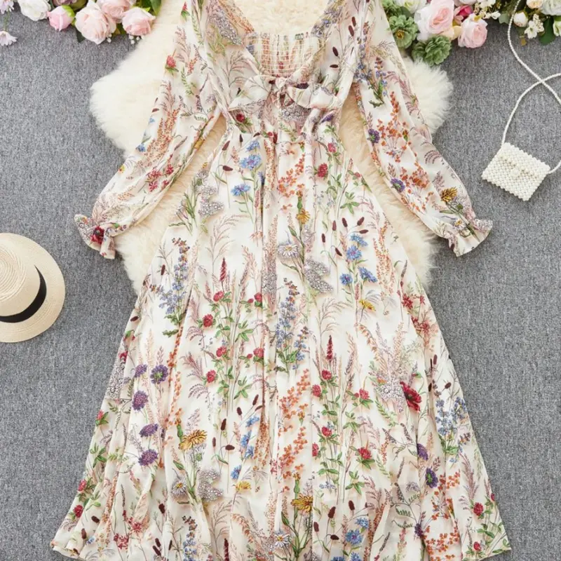 Women's Elegant Floral Flower Print Woven Long Sleeve Midi Dress French European Inspired Fashion Dress Boho Elegance Style