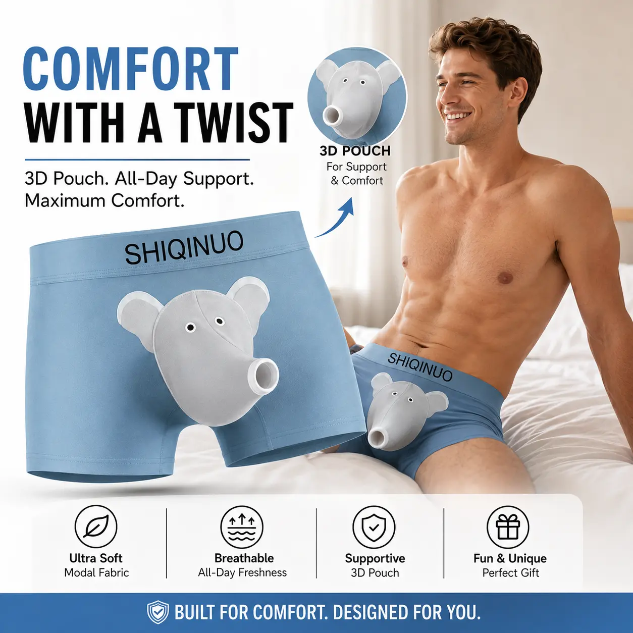 Men's Elephant Trunk Boxer Briefs 3 Pack, Soft Modal Stretch Novelty Underwear with Functional Front Opening, Funny Gift for Men Fabric Menswear