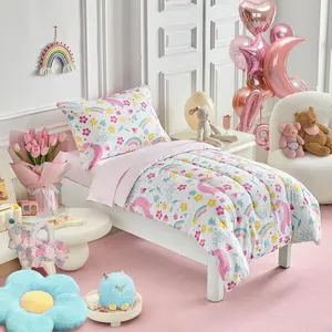 Unicorn Toddler Bedding Set for Girls Light Pink Unicorn Flowers 4PC Toddler Bed Set - Soft Blue Yellow Floral Cute Toddler Bed in a Bag with Pink Sheet Set and Pillow Shams