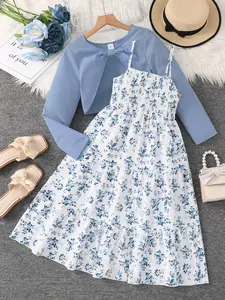Two-Piece Set Girl's Floral Print Shirred Crop Top & A Line Dress Set, Elegant Fashion Casual Long Sleeve Top & Dress for Daily Outdoor Wear, Girls Clothing for Fall & Winter
