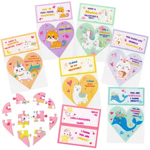 Valentine's Day Gift Cards with Unicorn Puzzle Set for Kids, Heart Shape Unicorn Animal Puzzles, Bulk Party Favors, Classroom School Prizes
