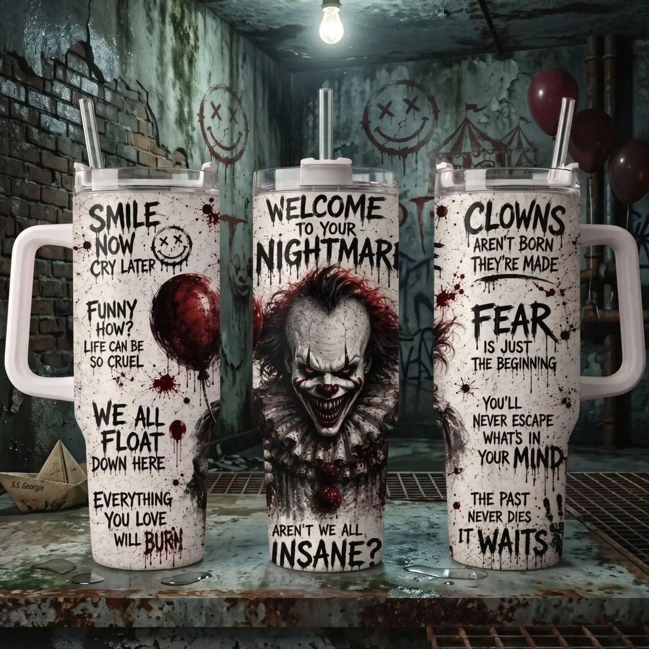 Pennywise IT Movie 40oz Insulated Tumbler With Handle & Straw, Welcome To Your Nightmare Stainless Steel Travel Mug, Stephen King Horror Clown Cup, We All Float Down Here Halloween Drinkware, Horror Fan Gift