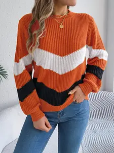 Autumn Winter Casual Color Blocking Round Neck Long Sleeved Pullover Sweater for Women 2025 Orange Grey Khaki