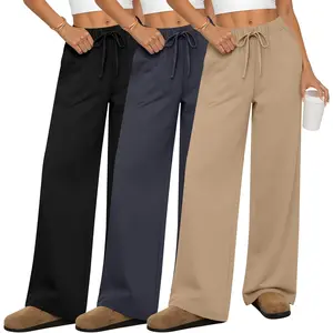 3 Pack Women's Wide Leg Sweatpants Yoga Workout Jogger Pants High Waist Drawstring Straight Trousers with Pockets