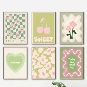 Vintage Floral & Cherry Pattern Wall Art, 6 Counts/set Unframed Art Print, Wall Art for Home Living Room Bedroom Decor