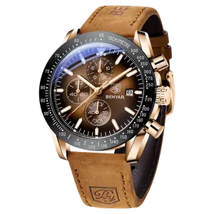 BY BENYAR Mens Watches Analog Quartz Chronograph Waterproof Men's Wrist Watches Business Casual Fashion Classic Designer Elegant Dress Watch with Calendar Leather/Stainless Steel Strap Gifts for Men