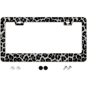 Black Gray Leopard Print License Plate Frame - 2 Holes Stainless Steel Metal Auto Car Accessories Decoration License Plate Frame Size 6.3" x 12.2" Fit US Vehicles for Women Men Gift