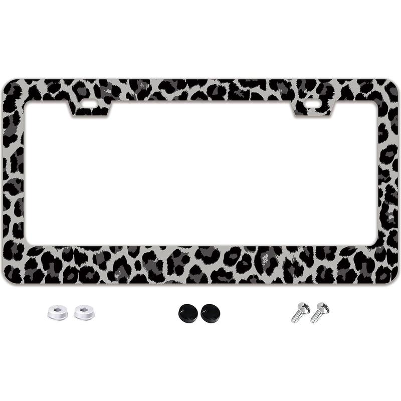 Black Gray Leopard Print License Plate Frame - 2 Holes Stainless Steel Metal Auto Car Accessories Decoration License Plate Frame Size 6.3" x 12.2" Fit US Vehicles for Women Men Gift