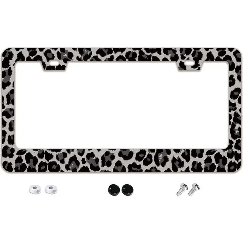 Black Gray Leopard Print License Plate Frame - 2 Holes Stainless Steel Metal Auto Car Accessories Decoration License Plate Frame Size 6.3" x 12.2" Fit US Vehicles for Women Men Gift