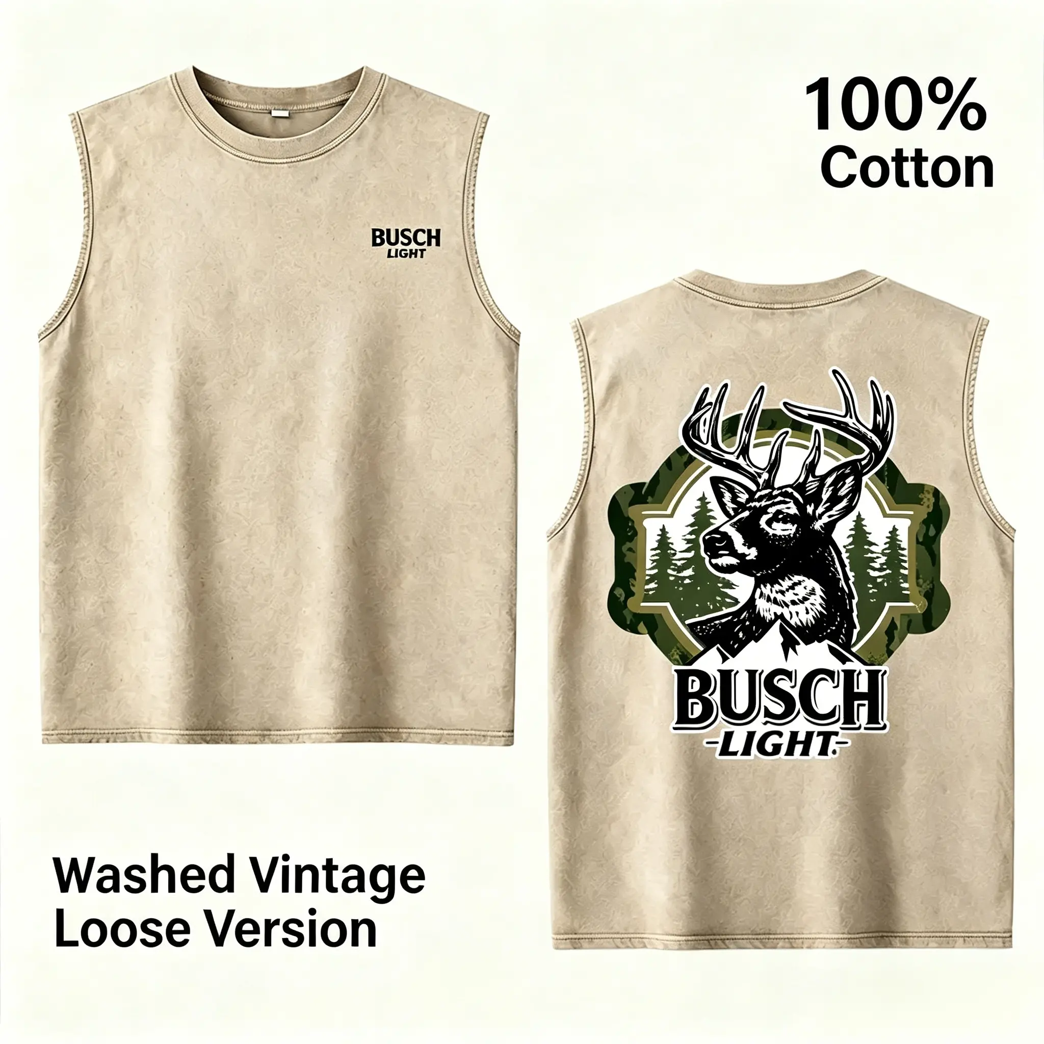 2026 Summer Men's Vintage Washed Buck Deer Graphic Tank for Men, 100% Cotton Oversized Sleeveless Muscle Shirt, Deer Antler Forest Wildlife Hunting Tee, Outdoor Adventure Streetwear Summer Graphic Top Hunter Gift