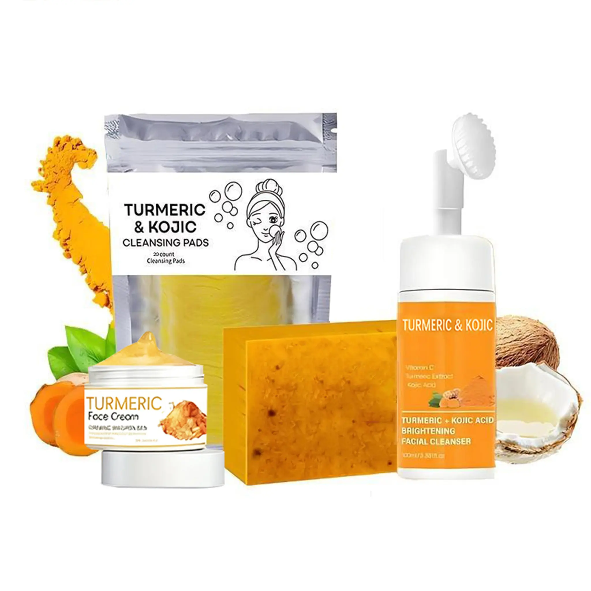 Turmeric Wash and Care Four Piece SetTurmeric Tablets, Turmeric Cleansing Mousse,Turmeric Soap Facial Cleansing Skincare FacialCleansing Cleanser,Turmeric Moisturizing Cream