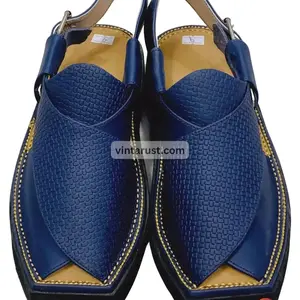 Handmade Blue Leather Peshawari Sandals: Traditional Mens Chappal
