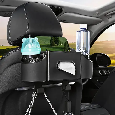 Car Organizers and Storage Box Multifunctional Car Seat Back Storage Box with Tissue Holder 2 Cup Holders & Bags Hooks Back Seat Car Organizer for Family and Travel Usable on Both Driver Sides