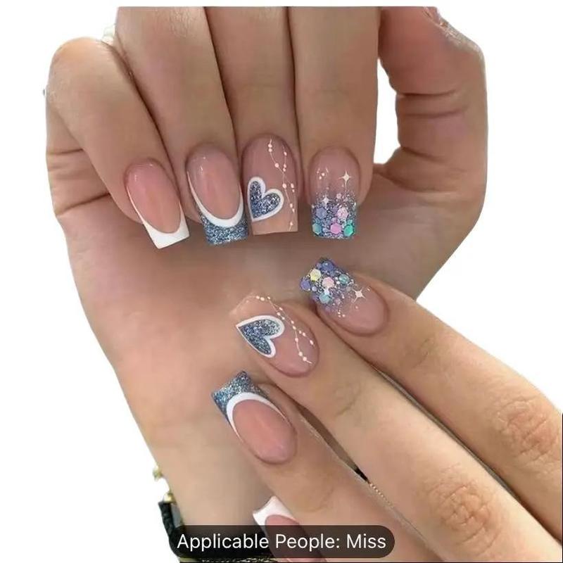 24pcs White French Tip Fake Nails, Blue Glitter Press On Nails With Heart And Sequin Design, Glossy Pink Glue On Nails Set, Full Cover Short Square False Nails For Women And Girls Nail Art Nail Care Nail Polish Polish Cutics Manicure Cosmetic