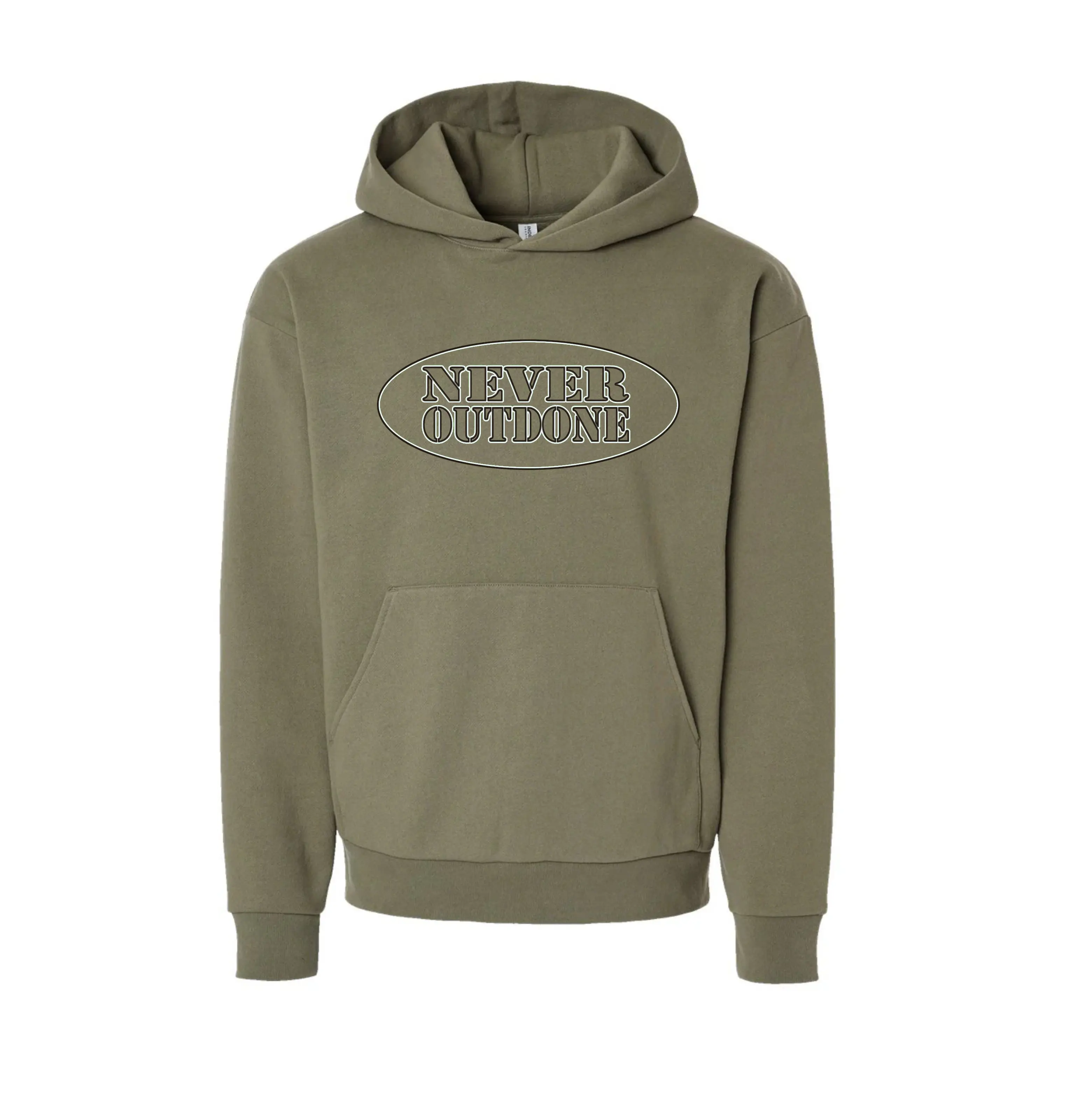 NEVER OUTDONE PREMIUM HEAVYWEIGHT OLIVE HOODIE NO CORDS PRINTED LOGO