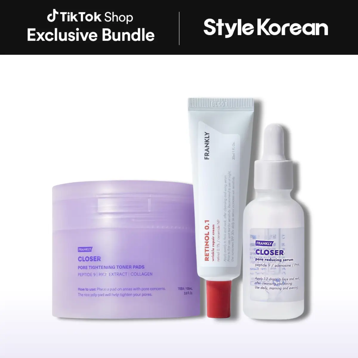 [FRANKLY] Trio For Pore and Anti-Aging - Closer Toner Pads (70 pads), Closer Serum 30ml, Retinol 0.1% Cream 30ml,  9 Peptides, Vegan Collagen, Rice Extract, Pore Minimizer, Hydrating,Anti-aging, Wrinkles Care, Reduces Congestion