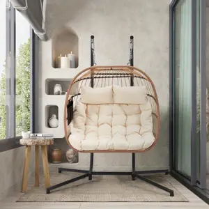Hanging double egg chair with stand, includes egg chair cushions, outdoor patio wicker chair, swing chair, 600lb capacity, suitable for patios, bedrooms, balconies, beige/gray/Tiffany blue.