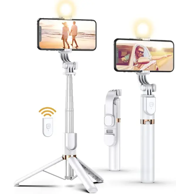 Selfie Stick Tripod with Wireless Remote, 46'' Cellphone Selfie Stick Tripod with LED Fill Light, for iPhone 16/15/14/14 pro/13/13 Pro/12/11/11 Pro/XS Max/XS/XR/X/8/7 and Android Smartphone(Upgrade)