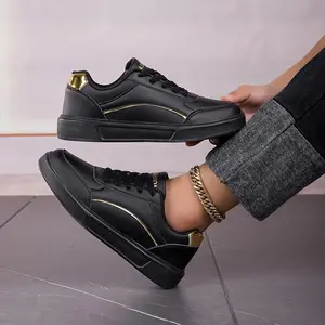 2025Women'sBlackSkateboardShoeswithGoldEmbellishments-LightweightAll-SeasonCasualSneakers,Lace-UpClosure,EVACushioningSole,FauxLeatherMaterial,SuitableforDailyWear