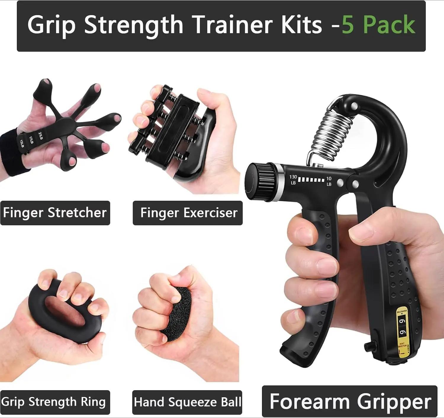 Grip Strength Trainer 5 Pack, Adjustable Hand Grip Strengthener, Forearm Exerciser Kit with Resistance Range, Hand Therapy Gripper, Massage Balls for Wrist & Forearm Training, Home & Gym Workout