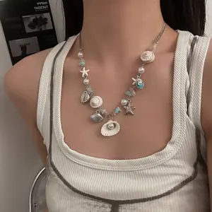 Vacation Beach Starfish & Shell Pendant Necklace |   Summer Dopamine Color |   Luxury High-End Clavicle Chain