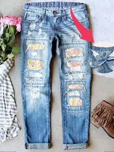 Women’s Distressed Patch Ripped Boyfriend Jeans Cute Unique Paisley Print Mid-Waist Stretch Waistband  Fitted Denim  Comfy for All Seasons